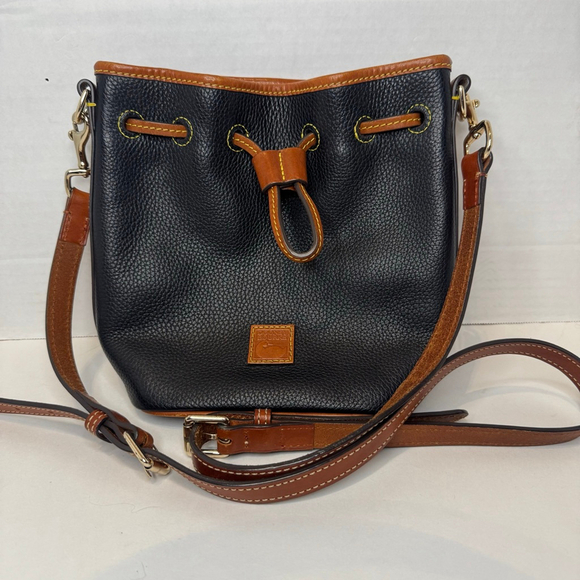 Dooney & Bourke Pebble Grain Small Drawstring Bag Black & Saddle Leather, NWOT - Picture 3 of 7